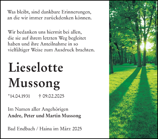 Traueranzeige von Lieselotte Mussong von Hinterländer Anzeiger
