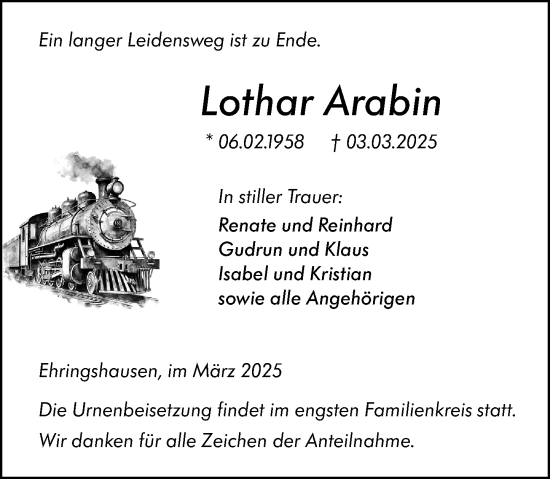 Traueranzeige von Lothar Arabin von Wetzlarer Neue Zeitung