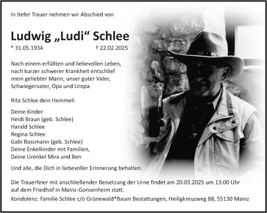 Traueranzeige von Ludwig Schlee von Allgemeine Zeitung Mainz