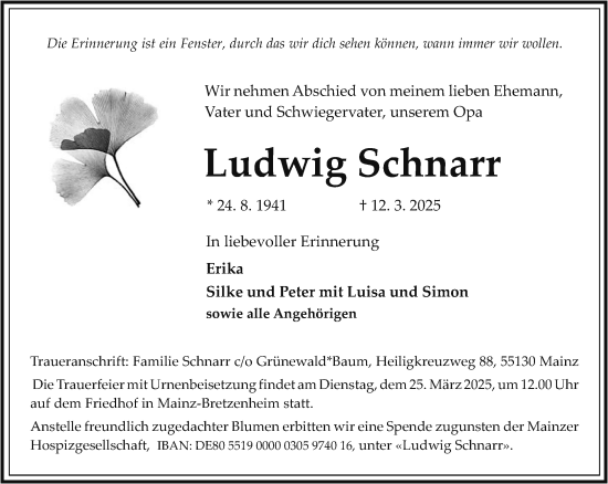 Traueranzeige von Ludwig Schnarr von Allgemeine Zeitung Mainz