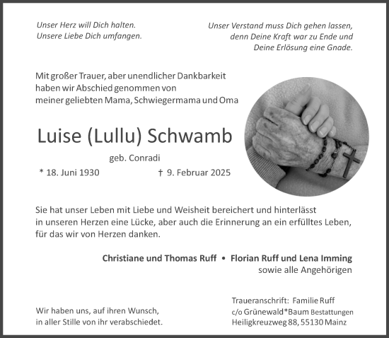 Traueranzeige von Luise Schwamb von Allgemeine Zeitung Mainz