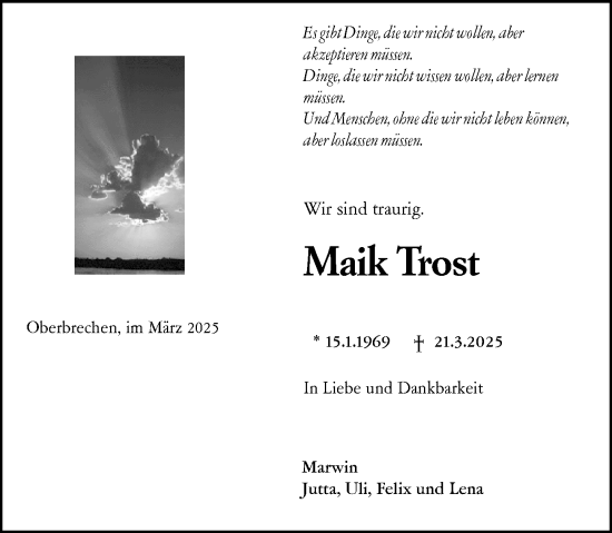 Traueranzeige von Maik Trost von Camberger Anzeiger