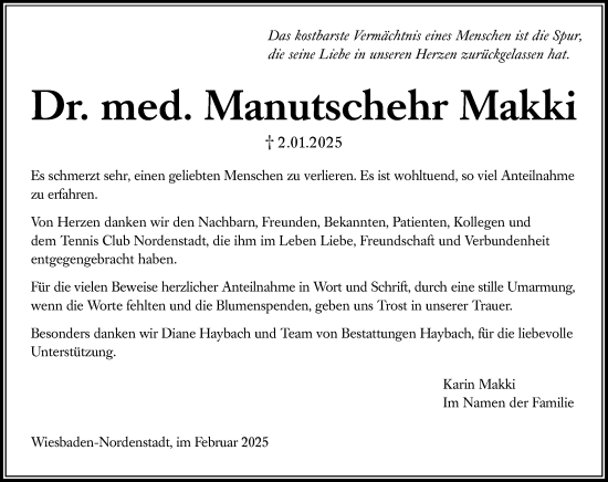 Traueranzeige von Manutschehr Makki von Wiesbadener Kurier