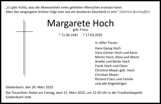 Traueranzeige von Margarete Hoch von Hinterländer Anzeiger