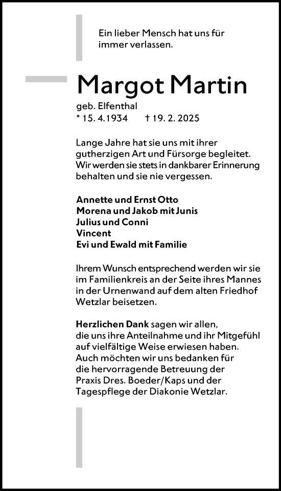 Traueranzeige von Margot Martin von Wetzlarer Neue Zeitung