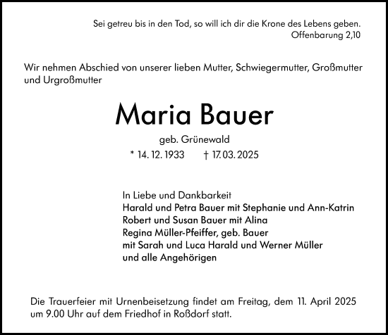 Traueranzeige von Maria Bauer von Darmstädter Echo