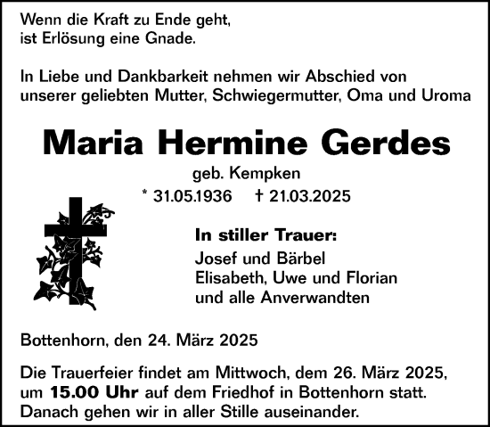 Traueranzeige von Maria Hermine Gerdes von Hinterländer Anzeiger