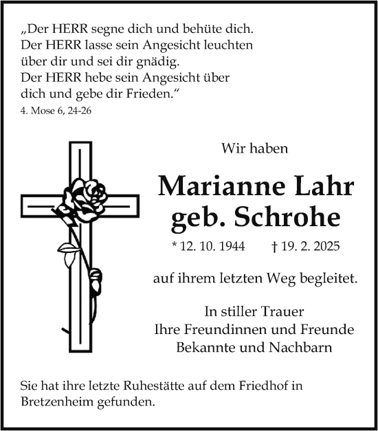 Traueranzeige von Marianne Lahr von Allgemeine Zeitung Mainz