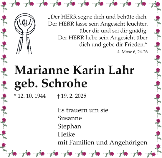 Traueranzeige von Marianne Karin Lahr von Allgemeine Zeitung Mainz