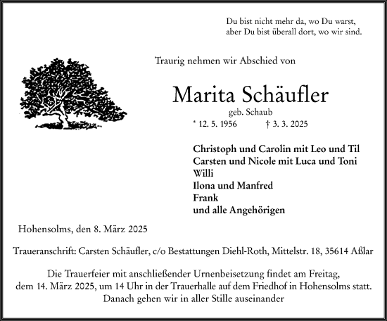 Traueranzeige von Marita Schäufler von Wetzlarer Neue Zeitung