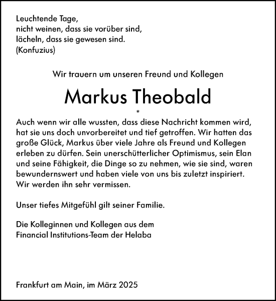 Traueranzeige von Markus Theobald von Wiesbadener Kurier