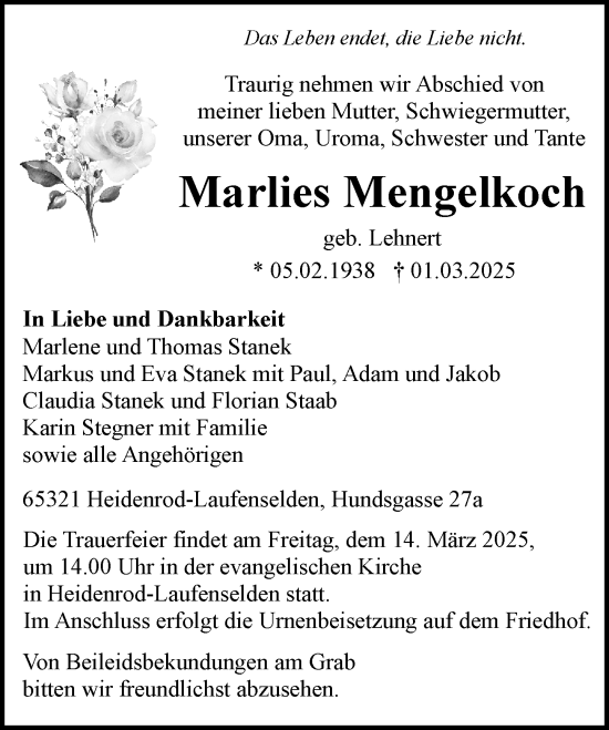 Traueranzeige von Marlies Mengelkoch von Idsteiner Land/Untertaunus