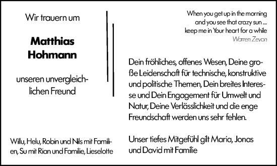 Traueranzeige von Matthias Hohmann von Darmstädter Echo