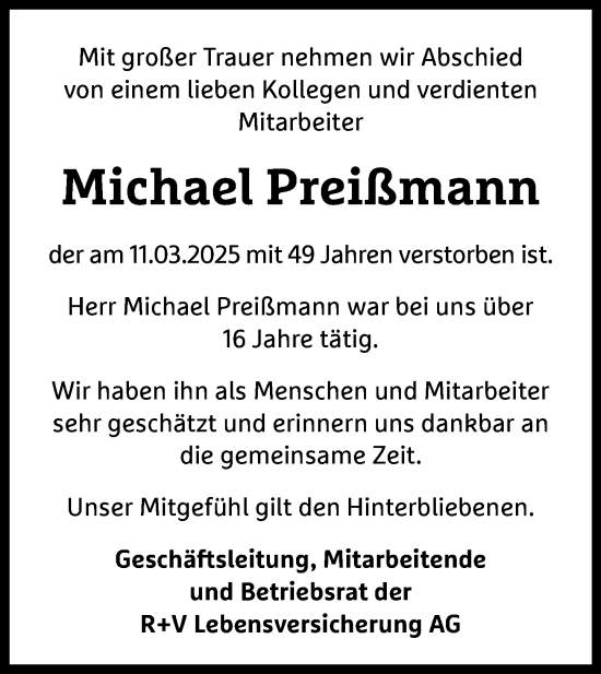 Traueranzeige von Michael Preißmann von Wiesbadener Kurier