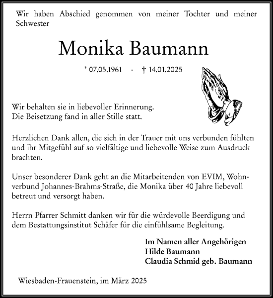 Traueranzeige von Monika Baumann von Wiesbadener Kurier