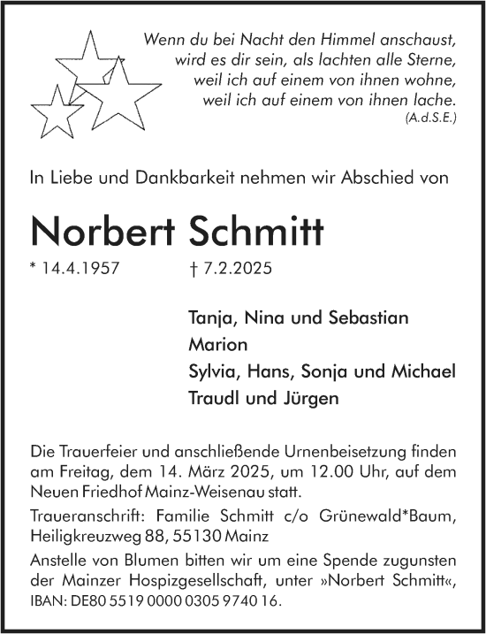Traueranzeige von Norbert Schmitt von Allgemeine Zeitung Mainz