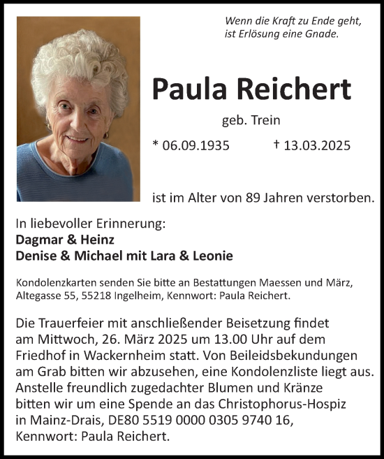 Traueranzeige von Paula Reichert von Allgemeine Zeitung Mainz