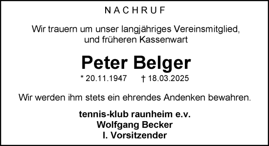 Traueranzeige von Peter Belger von Rüsselsheimer Echo