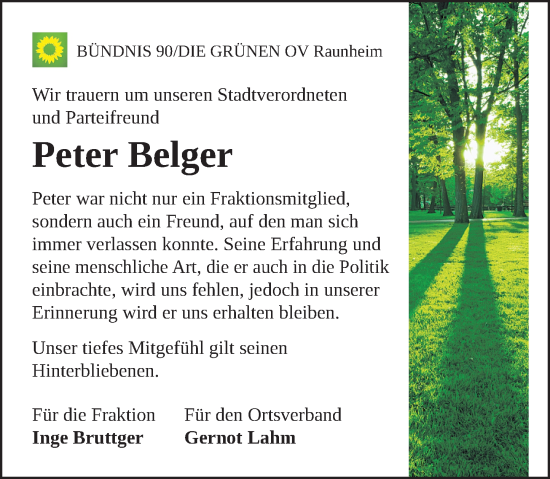 Traueranzeige von Peter Belger von Rüsselsheimer Echo