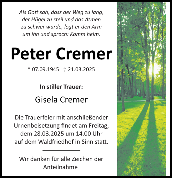 Traueranzeige von Peter Cremer von Dill Block