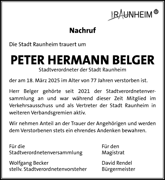 Traueranzeige von Peter Hermann Belger von Rüsselsheimer Echo
