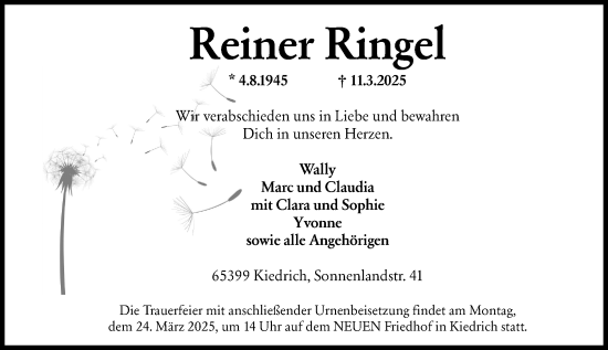 Traueranzeige von Reiner Ringel von Rheingau Kurier