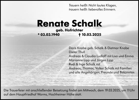 Traueranzeige von Renate Schalk von Wormser Zeitung