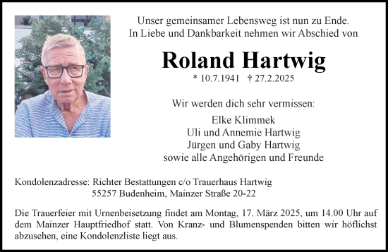 Traueranzeige von Roland Hartwig von Allgemeine Zeitung Mainz