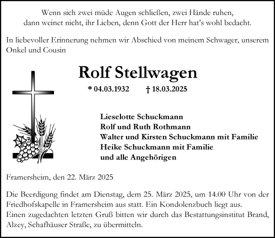 Traueranzeige von Rolf Stellwagen von Allgemeine Zeitung Alzey