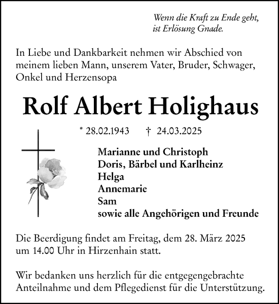 Traueranzeige von Rolf Albert Holighaus von Dill Block