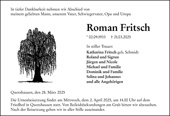 Traueranzeige von Roman Fritsch von Hinterländer Anzeiger