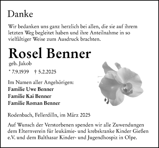 Traueranzeige von Rosel Benner von Dill Block