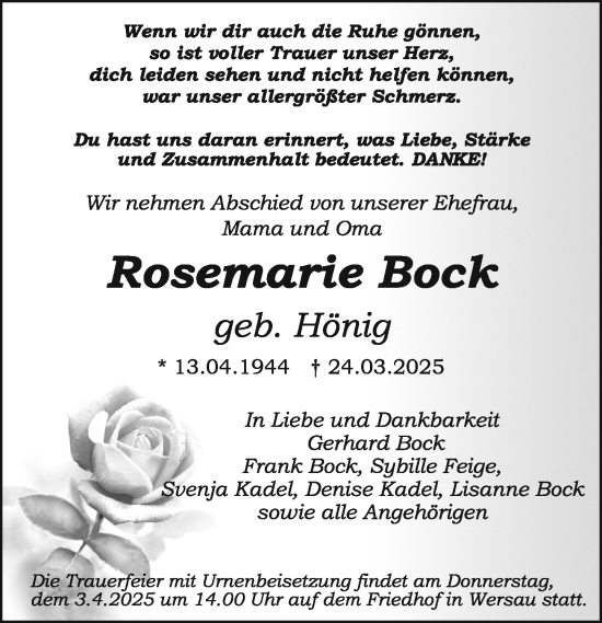 Traueranzeige von Rosemarie Bock von Odenwälder Echo