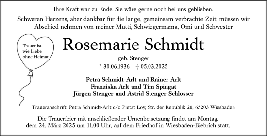 Traueranzeige von Rosemarie Schmidt von Wiesbadener Kurier