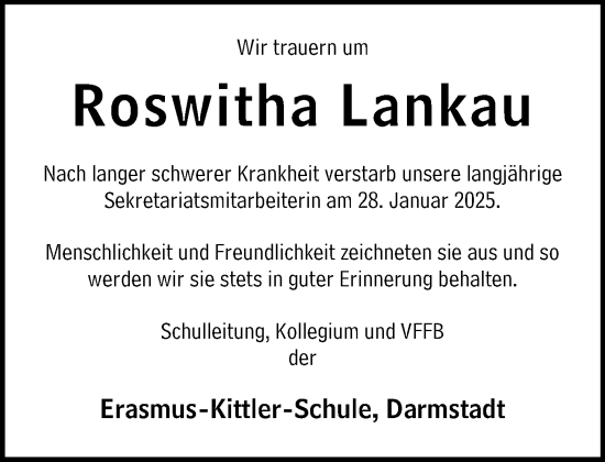 Traueranzeige von Roswitha Lankau von Darmstädter Echo