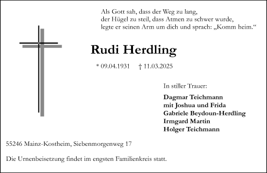 Traueranzeige von Rudi Herdling von Allgemeine Zeitung Mainz