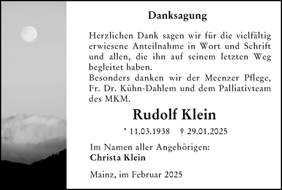 Traueranzeige von Rudolf Klein von Allgemeine Zeitung Mainz