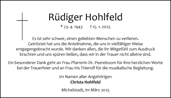 Traueranzeige von Rüdiger Hohlfeld von Odenwälder Echo