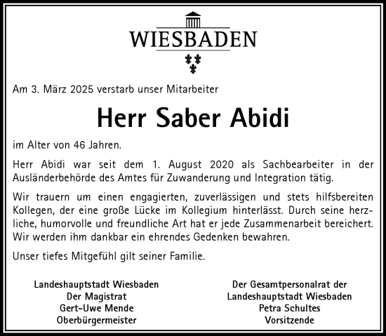 Traueranzeige von Saber Abidi von Wiesbadener Kurier