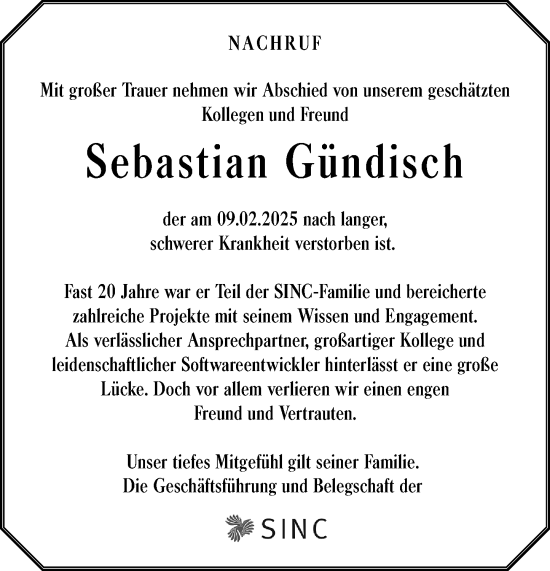 Traueranzeige von Sebastian Gündisch von Wiesbadener Kurier