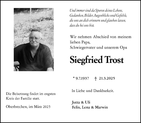 Traueranzeige von Siegfried Trost von Camberger Anzeiger