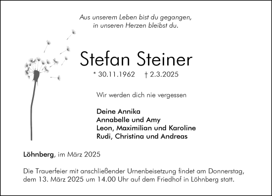 Traueranzeige von Stefan Steiner von Weilburger Tageblatt