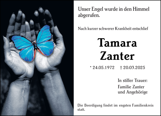 Traueranzeige von Tamara Zanter von Wetzlarer Neue Zeitung