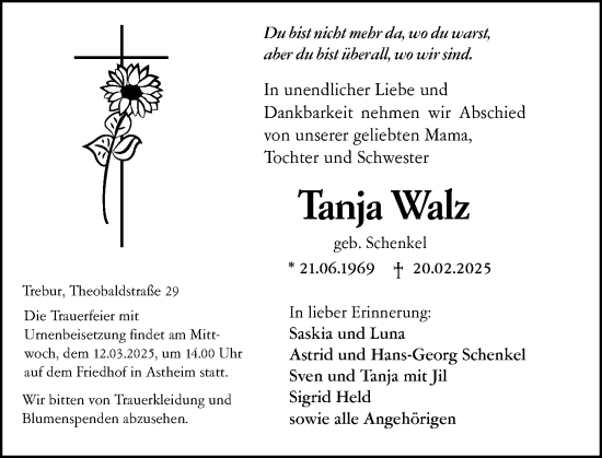 Traueranzeige von Tanja Walz von Rüsselsheimer Echo