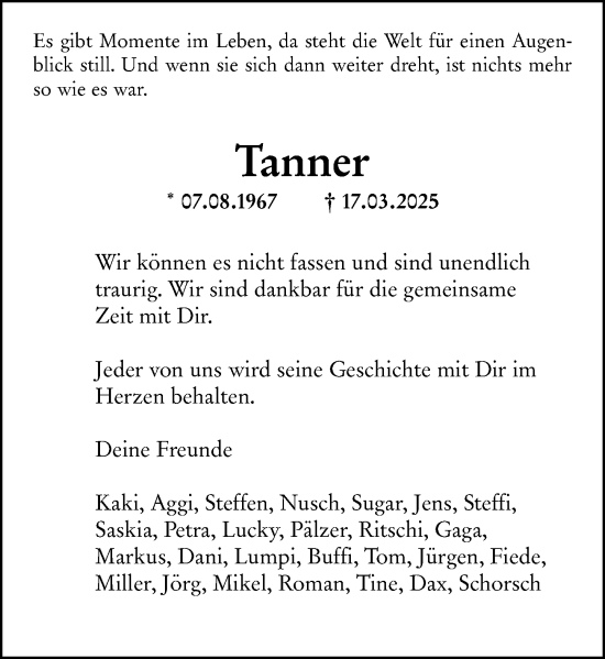 Traueranzeige von Tanner  von Darmstädter Echo