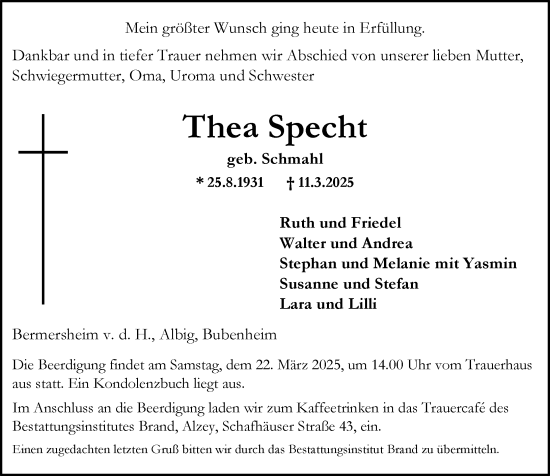 Traueranzeige von Thea Specht von Allgemeine Zeitung Alzey