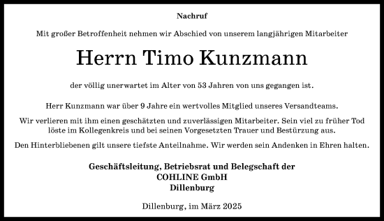 Traueranzeige von Timo Kunzmann von Dill Block