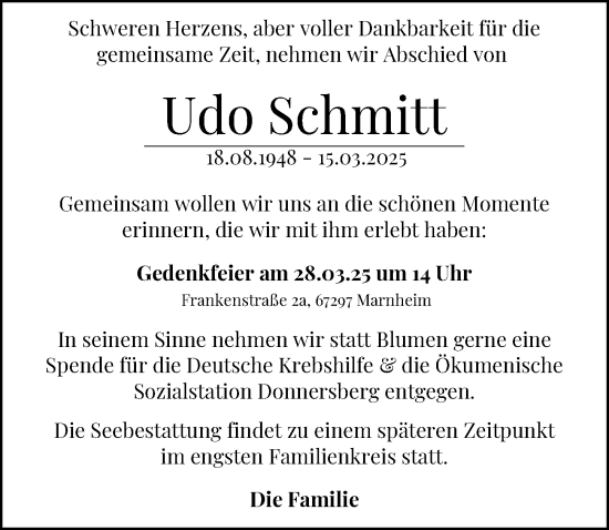 Traueranzeige von Udo Schmitt von Allgemeine Zeitung Alzey