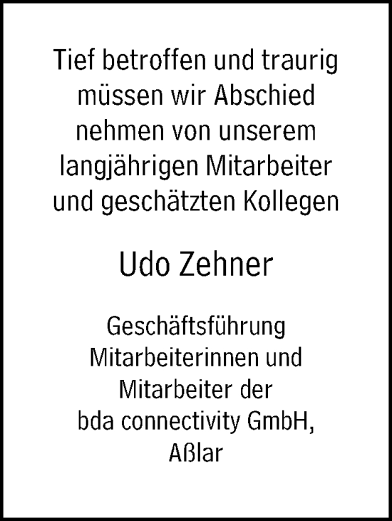 Traueranzeige von Udo Zehner von Wetzlarer Neue Zeitung
