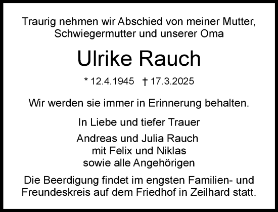 Traueranzeige von Ulrike Rauch von Darmstädter Echo
